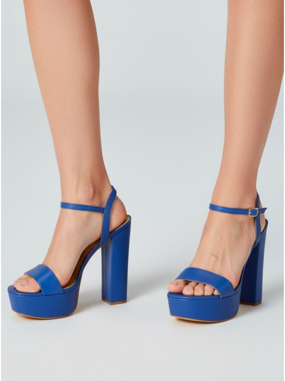 Blue Platform High-Heel Sandals With Ankle Strap Adjustable Buckle And Block Hee